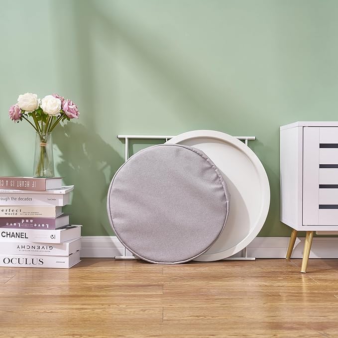 VECELO Round Side/End Table with Fabric Storage Basket,Metal Anti-Rust and Waterproof Small Bedside Nightstand with Removable Tray Top for Living Room,Balcony & Laundry,Beige/2pcs with Basket
