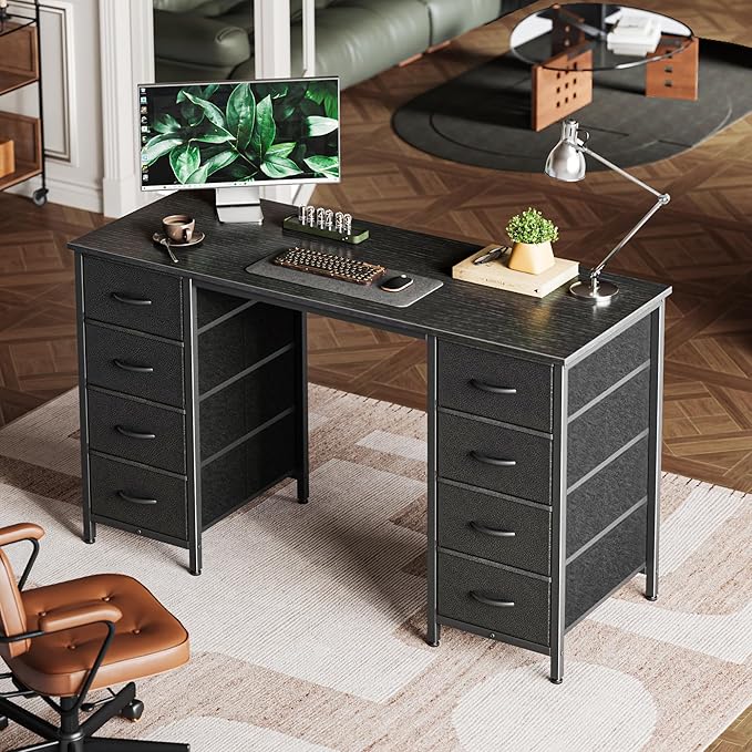 Huuger 47 Inch Computer Desk with 8 Fabric Drawers, Office Desk Work Desk for Home Office, Study, Gaming Desk with Drawers, Large Storage, Black