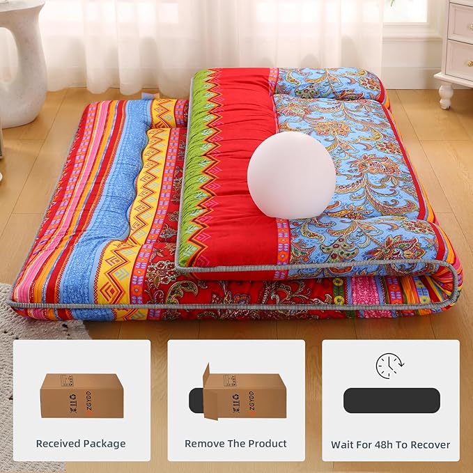 Bohemian Retro Japanese Floor Mattress, Vintage Floral Tatami Floor Mat, Portable Roll up Futon Mattress for Guest,Tavel (E,Queen80 X 60")