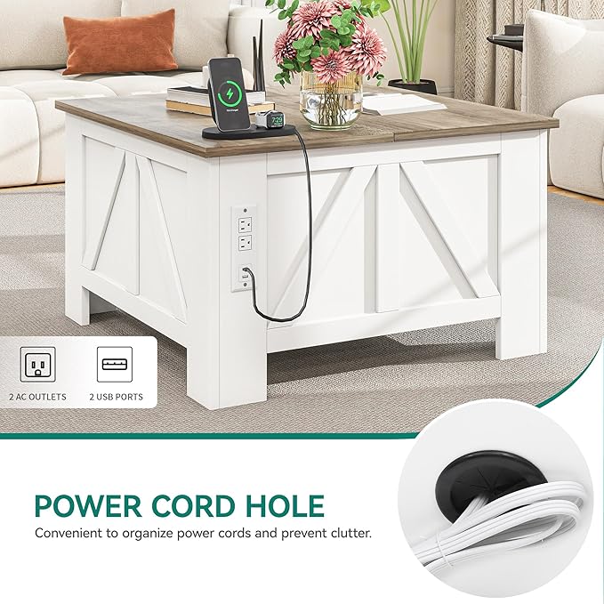 YITAHOME Farmhouse Lift Top Coffee Table with Storage, Wood Square Center Table with Charging Station & USB Ports and Hidden Compartment Coffee Tables for Living Room Bedroom, Home Office, White