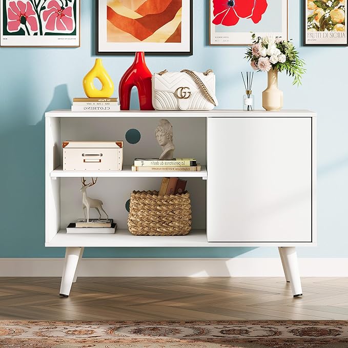 WLIVE TV Stand for 40 Inch TVs, Small Entertainment Center with Storage Cabinet, Mid-Century Modern TV Stands for Living Room and Bedroom, 32" TV Console, White