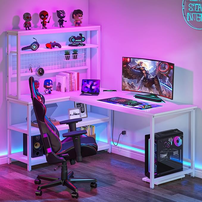 Tribesigns 55" Large Computer Desk with Wireless Charging 5 Storage Shelves, Office Desk Study Table Writing Desk Workstation with Hutch Bookshelf for Home Office (All White)