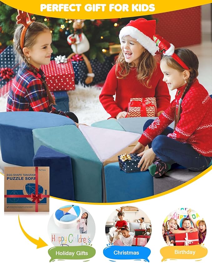 Kids Play Couch, 2-in-1 Egg-Shape Kid Plays Sofa with Unique Ball Pit(no Balls Included), Tangram Puzzle Play Couch for Playroom, Modular Play Couchs for Inspiring Creativity, Ocean