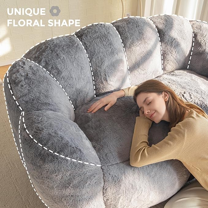 MAXYOYO Bean Bag Chair for Adults, Loveseat Floral Shaped Bean Bag Sofa, Ultra Soft Love Seat Mini Sofa Couch, Faux Fur Reading Chair for Living Room Bedroom, Dark Grey