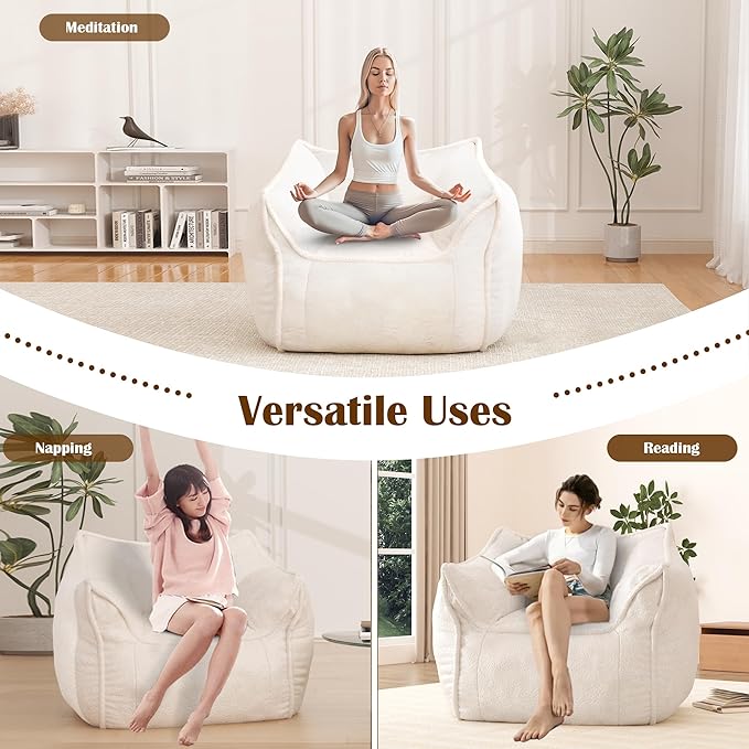 Giant Bean Bag Chair, Bean Bag Chair with Armrest for Adults, 45“W x 43.5" D Large Bean Bag Chair with Filler, Big Comfy Washable Sofa Chair for Living Room, Bedroom, Cream White
