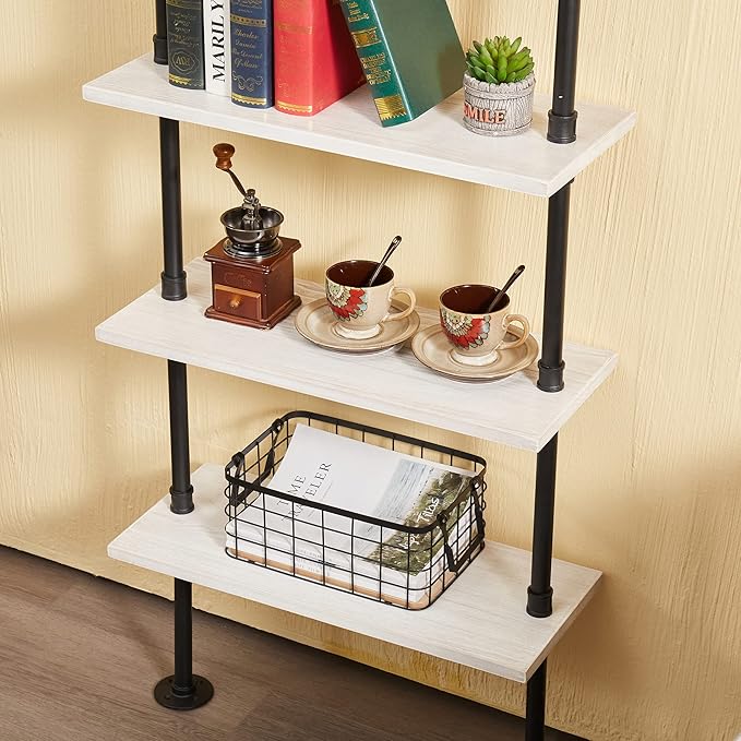Pipe Shelves, 5 Tier Industrial Ladder Bookcase, Wall Mounted Metal Wood Rustic Bookshelf (White, 5 Tier - 10" D x 24" W x 70" H)