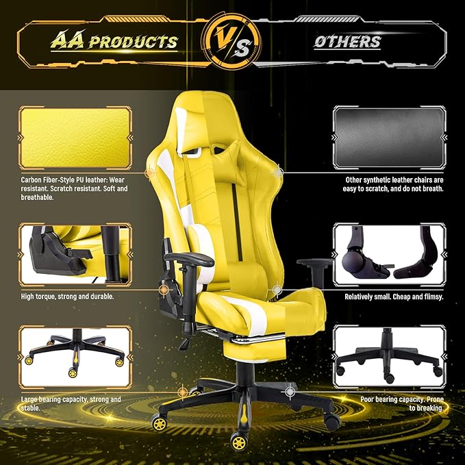 AA Products Gaming Chair - High Back Ergonomic Computer Racing Chair with Footrest, Lumbar Support and Swivel - YellowWhite