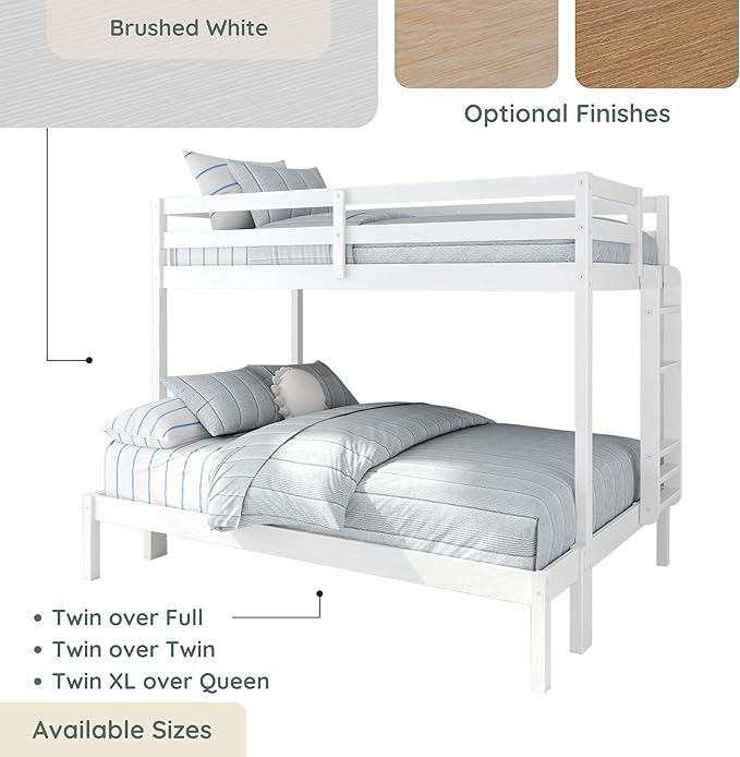 Grain & Grove Bear Twin Over Full Bunk Bed, Sturdy Bunk Bed Frame for Kids, Plywood Bunk with Ladder, Guardrail, and Slats, No Box Spring Required, Brushed White