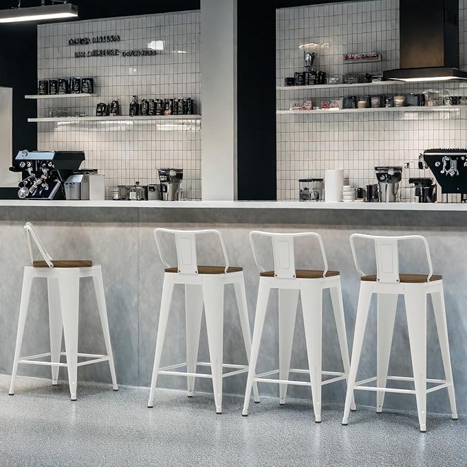 26 Inch Swivel Bar Stools Set of 4, Counter Height Bar Stools with Low Back, Metal Industrial Bar Chairs for Kitchen Island (White)
