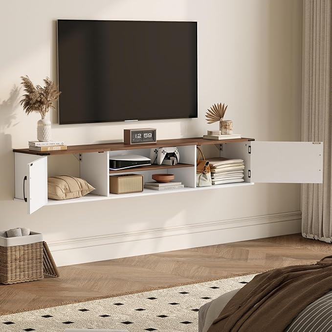 Floating TV Stand with Doors, 63'' Farmhouse Floating TV Shelf for TVs up to 80 Inch, 2 Tier Wall Mounted TV Stand, Floating Entertainment Center, TV Floating Cabinet for Living Room, Bedroom, White