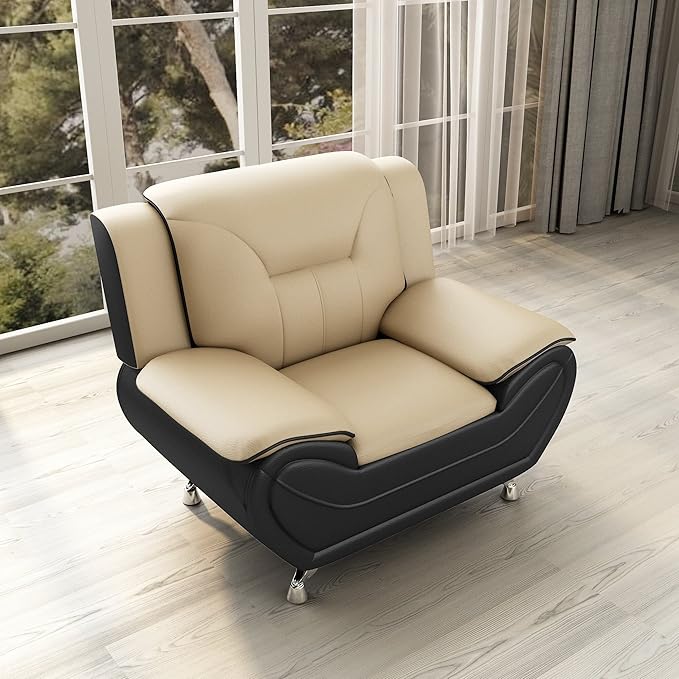 Container Furniture Direct Michael Modern Faux Leather Upholstered Stainless Steel Legs Living Room Sofa, Chair, Camel/Black
