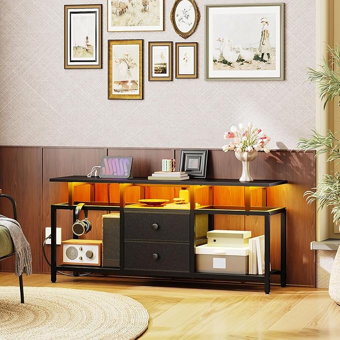 TV Stand with LED Light and Power Outlets, Entertainment Center with Fabric Drawers and Open Shelves, 41.7" TV Cabinet for TVs up to 45 Inch, Media Console for Living Room, Bedroom, DS03UDBB
