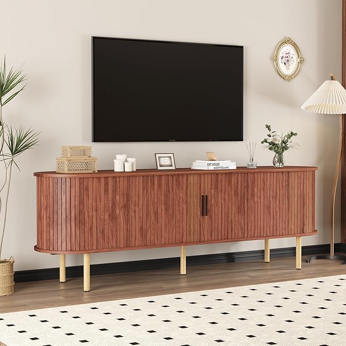 GarveeHome 70.1" TV Stand, Modern TV Console Table with Storage Compartment and Sliding Door, Gaming Entertainment Center with Cabinet for Living Room, Bedroom, Office, Walnut