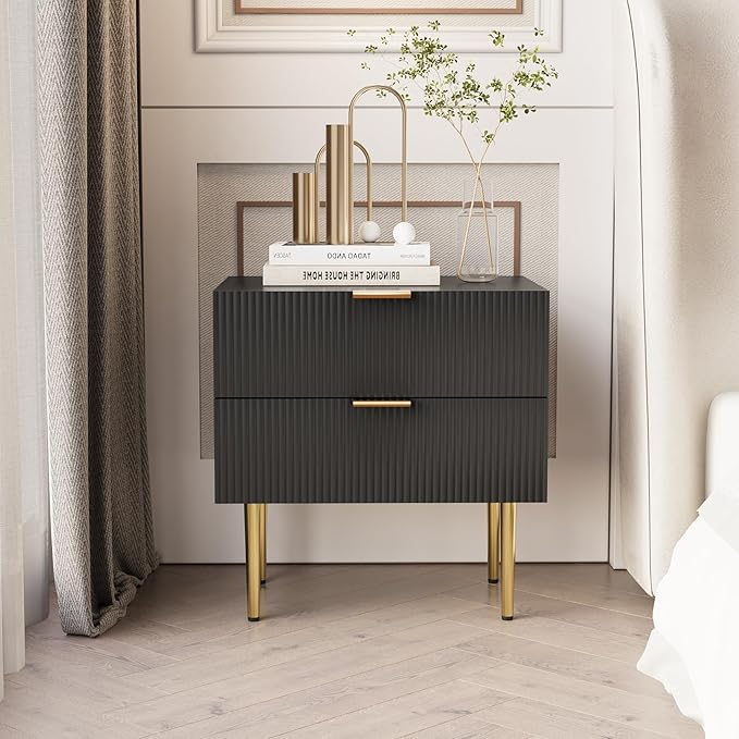 Black Nightstand for Bedroom, Fluted Night Stand, End Table for Living Room, Mid Century Modern Bedside Table with Drawers, Bed Side Table with Gold Metal Legs, Bedroom Furniture Stripe