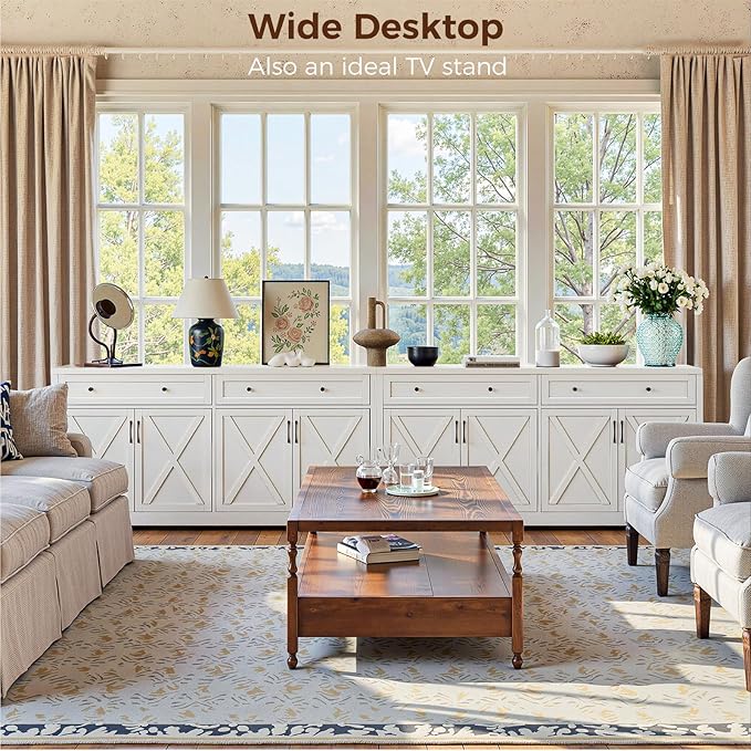61'' Farmhouse Sideboard Buffet Cabinet with Storage, Large Kitchen Storage Cabinet with Barn Doors Drawers, White Coffee Bar Table for Dining Room Kitchen