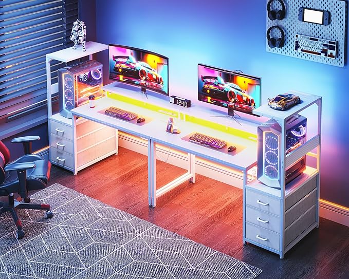AODK 52 Inch Gaming Desk with USB Charging Ports & LED Light- Reversible Computer Desk with Storage Shelves & Monitor Stand, Modern Gamer Desk Table with Fabric Drawers & Side Hook, Carbon Fiber White
