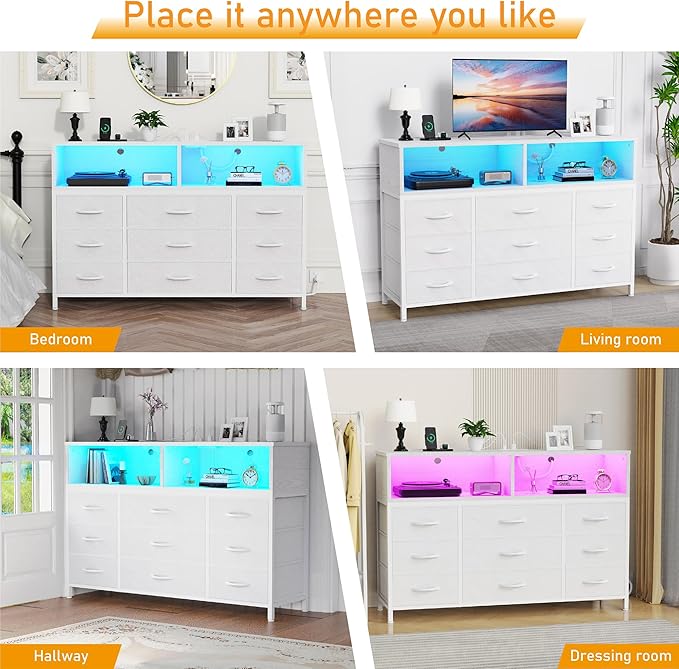 White Dresser for Bedroom, Led Dresser TV Stand with Power Outlets and LED Lights, Long Fabric Dressers Wide Chest of Drawers with Large Organizer for Living Room, Entryway, Hallway,White