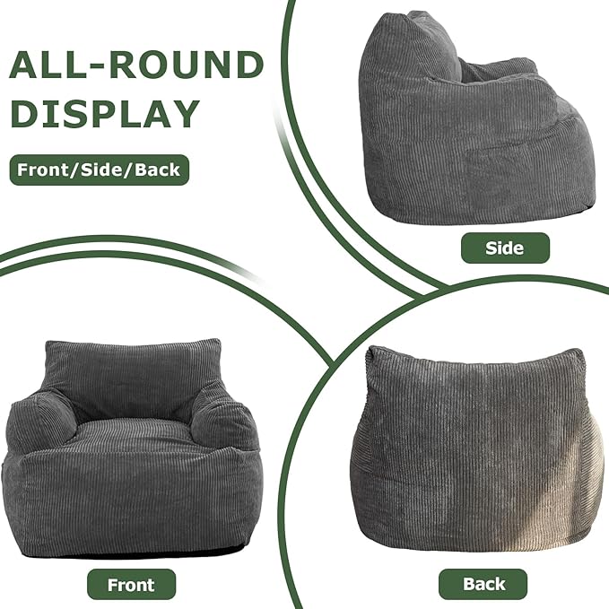 HIGOGOGO Giant Bean Bag Chair Sofa, Big Comfy Chair for Bedroom Living Room, Bean Bag Lazy Chair for Adults with Pocket Armrests for Gaming, Reading, Large, Dark Grey