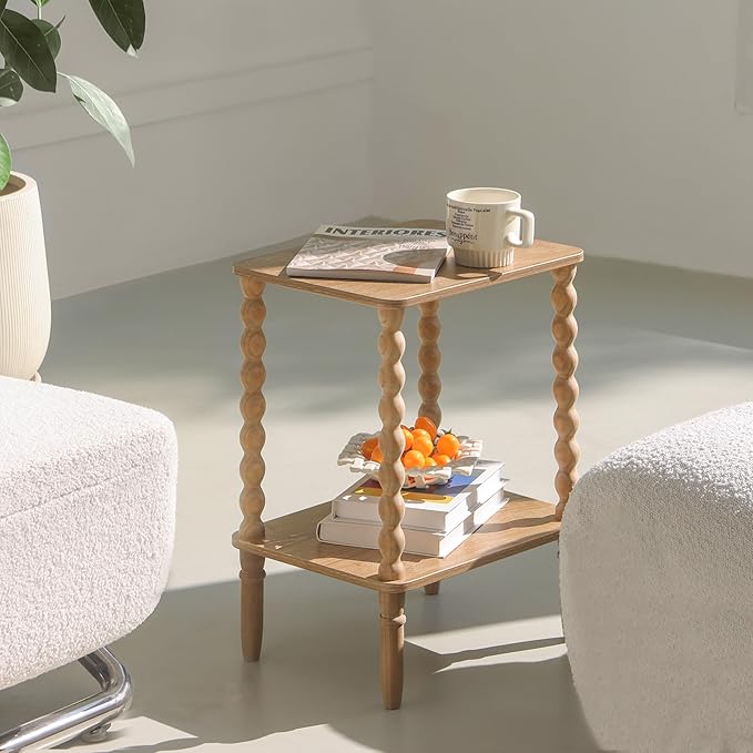 Small End Table, Couch Side Table with 2-Tier Storage Shelf, Wood Coffee Table for Bedroom, Living Room, Small Spaces (Rustic Walnut)