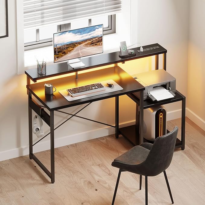 AODK Computer Desk, 48 Inch Gaming Desk with Led Lights & Power Outlet, Office Desk with Storage Shelves, Reversible Desk with Monitor Shelf & Headphone Hook, Carbon Fiber Black