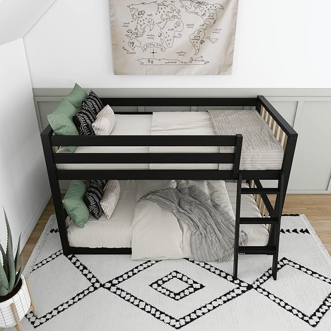 Max & Lily Low Bunk Bed, Scandinavian Modern Bunk Bed, Solid Wood Twin-Over-Twin Bed Frame for Kids, No Box Spring Needed, Black/Blonde
