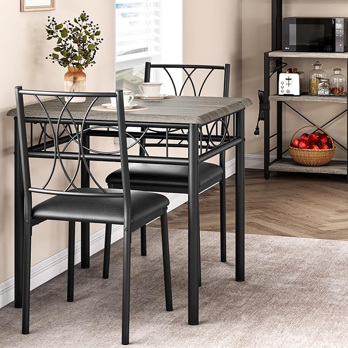 CABIHOME Dining Table Set for 2, 3 Piece Kitchen Table Set with 2 Upholstered Chairs, Square Kitchen Table Set for Small Space, Apartment, Dining Room, Retro Gray