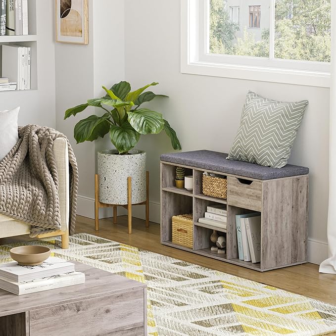 DINZI LVJ Shoe Bench,Entryway Storage Bench with Drawer and 8 Cubbies,Cubby Rack Adjustable Shelves,Shoe Organizer Cabinet for Living Room,Bedroom,Mudroom,Closet Garage,Greige