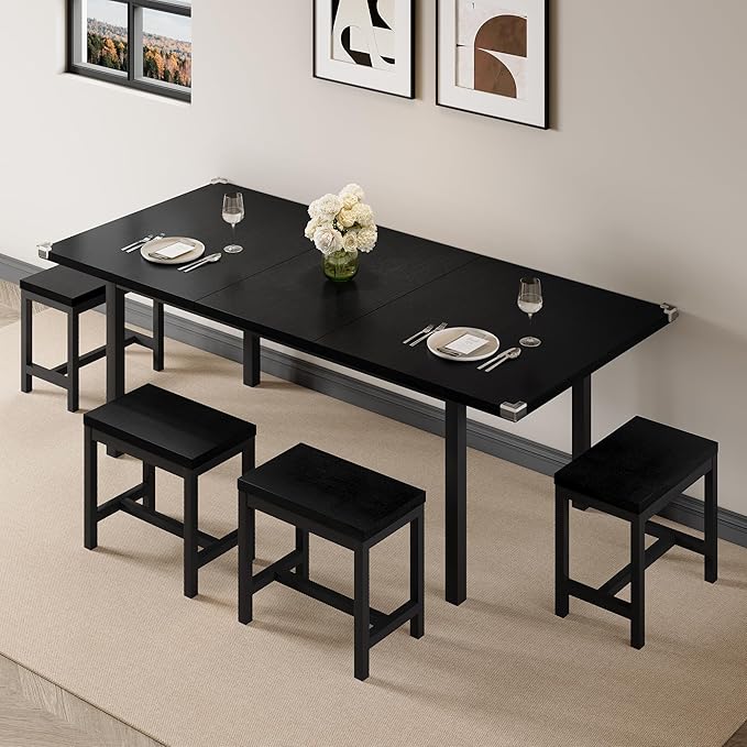 7-Piece Dining Table Set, 63" Extendable Kitchen Room Table with 6 Stools, Mid Century Modern Dinner Table with Metal Frame & MDF Board, Space-Saving, Easy Assembly, Black