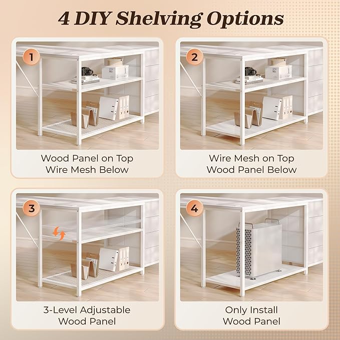 PRAISUN 61" L Shaped Desk with Power Outlets and USB-C Port, Reversible Computer Corner Office Desk with 4 Fabric Drawers and 2 Height-Adjustable Shelves, Large for Gaming Writing Work Study, White