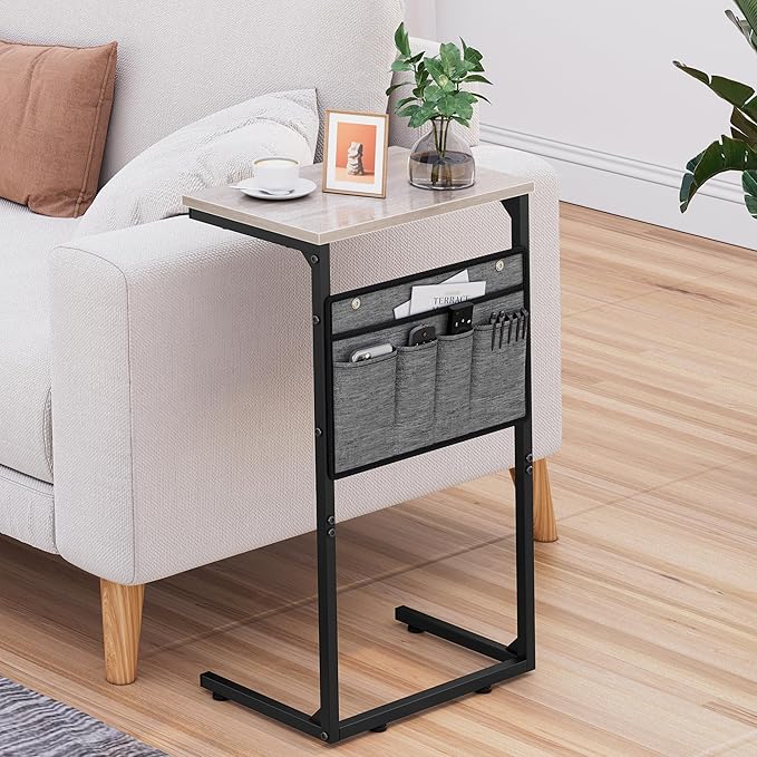 Vagusicc C Shaped End Table, 28'' Tall Side Table for Couch, Small Couch Side Table, Tall Arm Chair Table TV Tray Tables Living Room, Slide Under Sofa Table with Metal Frame for Bedroom Small Spaces