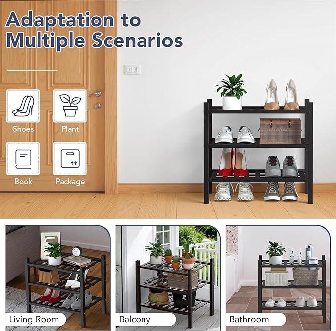 Haddockway small 3 Tier Bamboo Shoe Rack Storage Organizer, Multifunctional Free Standing Stackable Shoe Shelf with Grid Panel for Closet,Hallway,Entryway,Small Space 18"x11"x17"(Black, 3-Tier(Small))
