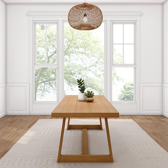 Plank+Beam 84 Inch Farmhouse Dining Table, Solid Wood Rustic Kitchen Table, Large Wooden Rectangular Dinner Table for Dining Room, Home Office, Living Room Furniture, Easy Assembly, Pecan Wirebrush