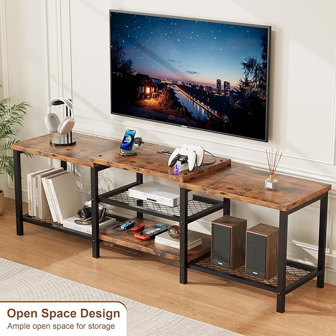 GarveeHome TV Stand with LED Lights for 55/65/75 Inch TV, 67 Inch Large Entertainment Center with Power Outlets, Media Console for Living Room, Bedroom, Vintage Brown