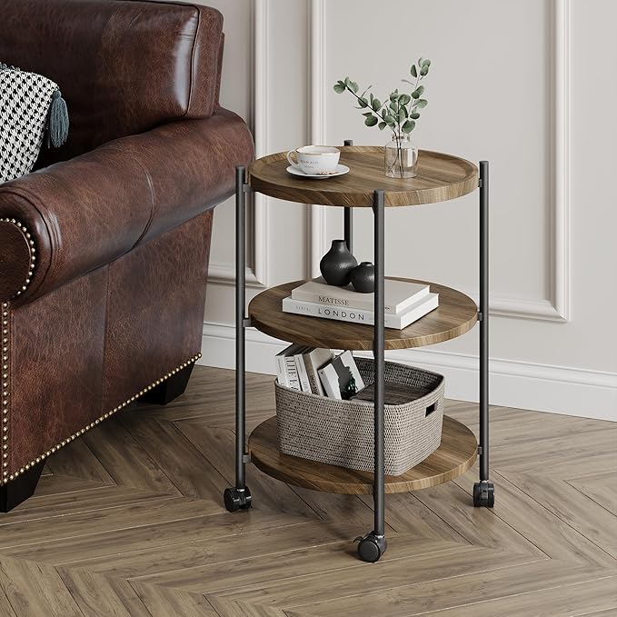 Side Table, 3-Tier Modern End Table with Wheels, Small Round Nightstand Bedside Table for Living Room, Bedroom, or Small Spaces-Walnut