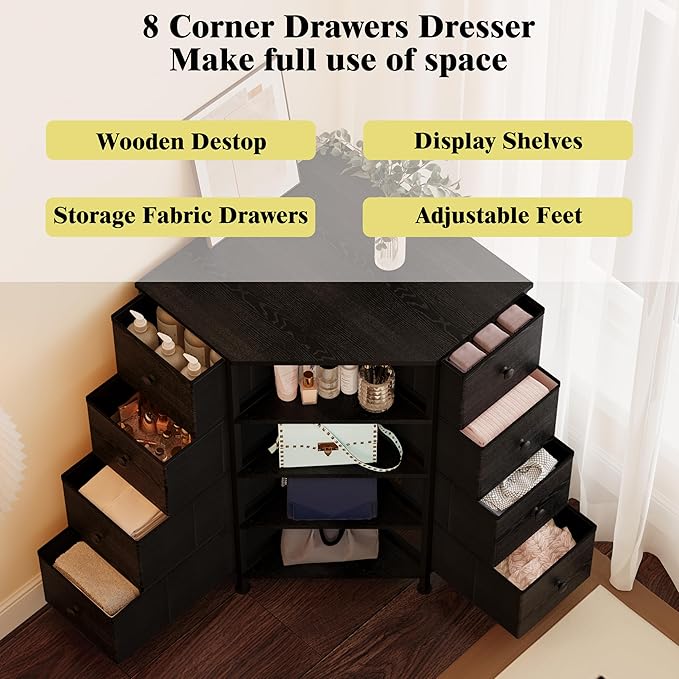 LUMTOK 8 Drawers Corner Dresser with Storage Fabric Drawers and Open Shelves for Small Space,Bedroom,Entryway,Living Room (Black Wood Veins)