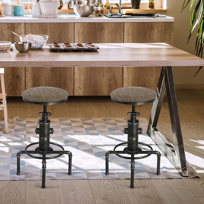 Topower Antique Vintage Industrial Barstool PU Leather Water Pipe Fire Hydrant Design Cafe Coffee Industrial Bar Stool Set of 2 Silver