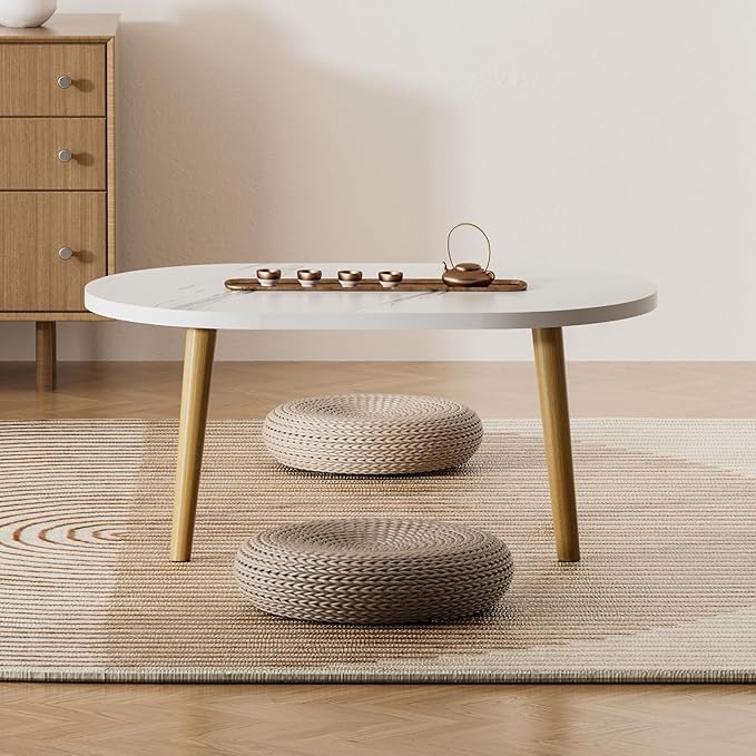 Small Coffee Table for Small Space, Low Table, Floor Table Desk for Sitting on The Floor, Japanese Coffee Table for Living Room, Tatami Tea Tables with Solid Wood Legs, Oval Coffee Tables, White