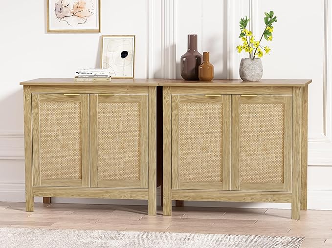 Giluta Sideboard Buffet Cabinet, Farmhouse Kitchen Cabinets with 2 Rattan Doors, 30''H Boho Cabinet for Entryway