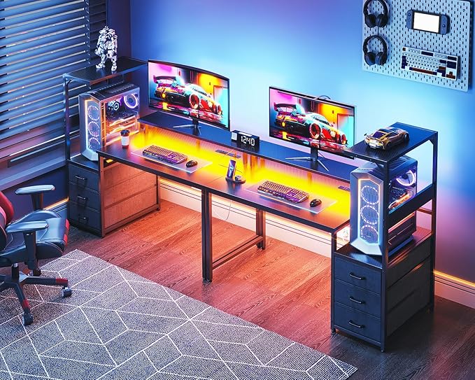 AODK 52 Inch Gaming Desk with USB Charging Ports & LED Light- Reversible Computer Desk with Storage Shelves & Monitor Stand, Modern Gamer Desk Table with Fabric Drawers & Side Hook, Carbon Fiber Black