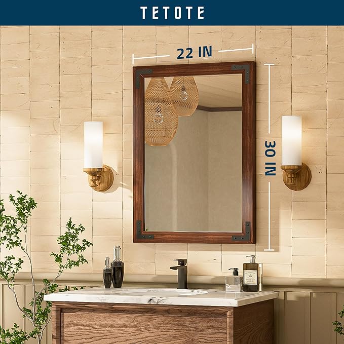 TETOTE 22 x 30 Walnut Wood Mirror for Bathroom Wall/Bedroom/Living Room/Entryway Farmhouse Rustic Bathroom Vanity Mirror for Wall Waterproof (Horizontal/Vertical Mounted)