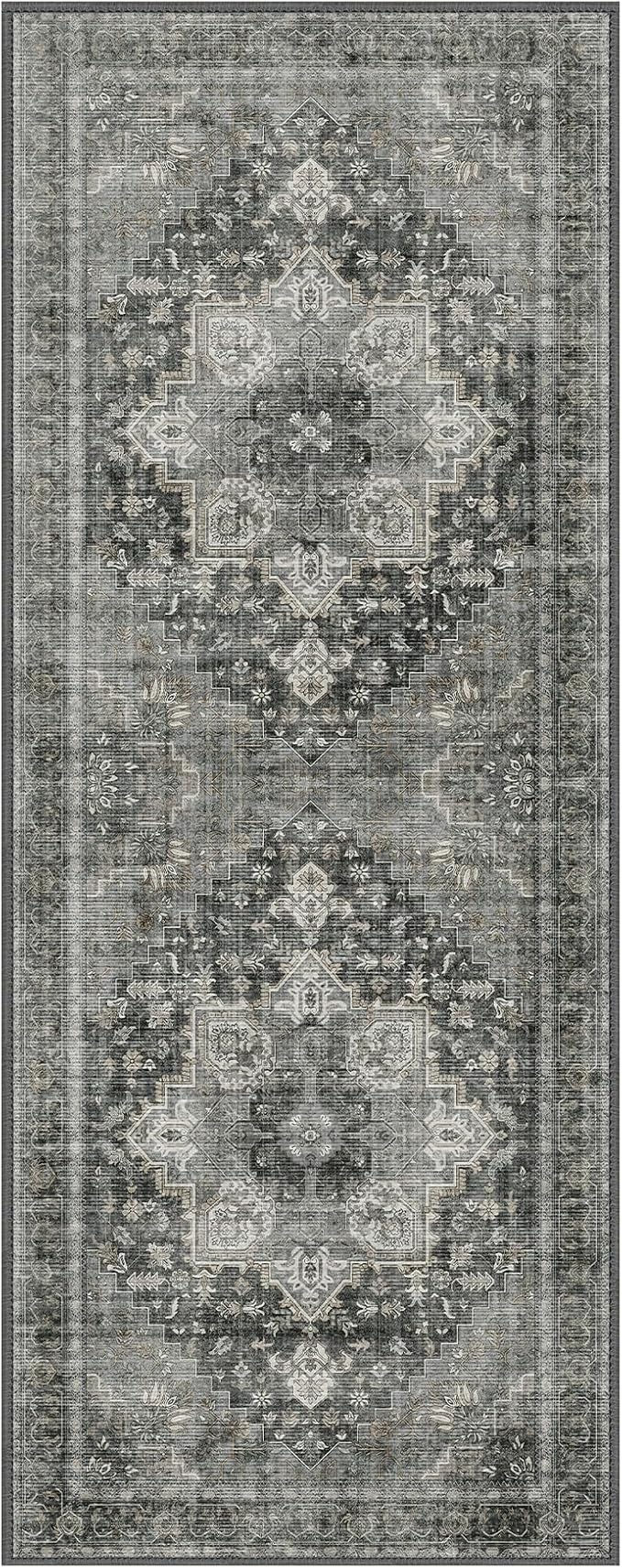 GENIMO 2x10 Runner Rugs for Hallway, Machine Washable Non Slip Vintage Rugs, Low Pile Lightweight Soft Print Rug for enrtyway, Corridor, Home Office, Kitchen, Charcoal Gray