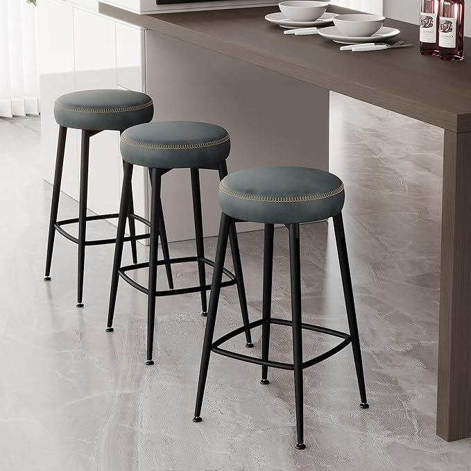 Counter Height Bar Stools, 26" H Backless Bar Stools Set of 4, Upholstered Faux Leather Kitchen Counter Stools, Mid Century Modern, Kitchen Island Home Bar, Pub, Black Blue