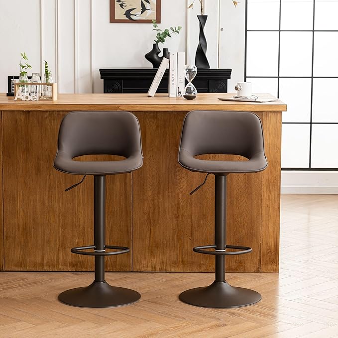 YOUNIKE Bar Stools Set of 2 Modern Swivel Barstools, Adjustable Counter Height Bar Stools Faux Leather Upholstered Counter Stools with Hollow Back for Kitchen Island, Brown