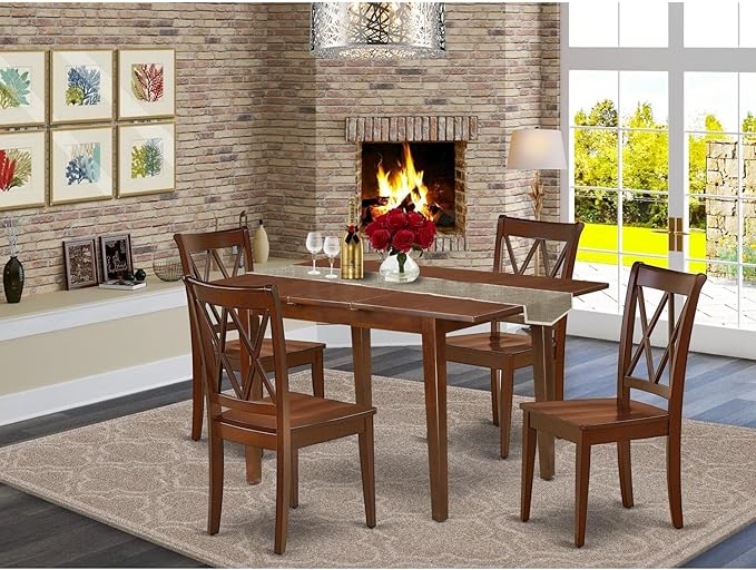 East West Furniture PSCL5-MAH-W 5 Piece Dining Room Table Set Includes a Rectangle Kitchen Table with Butterfly Leaf and 4 Dining Chairs, 32x60 Inch, Mahogany