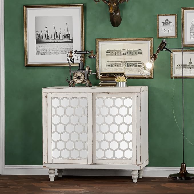 COSIEST 31.5" W Sideboard Buffet Cabinet with Mirrored Doors and Adjustable Shelf, Kitchen Storage Cabinet with Sliding Doors for Dining Room, Hallway, Living Room (White, Honeycomb Pattern)