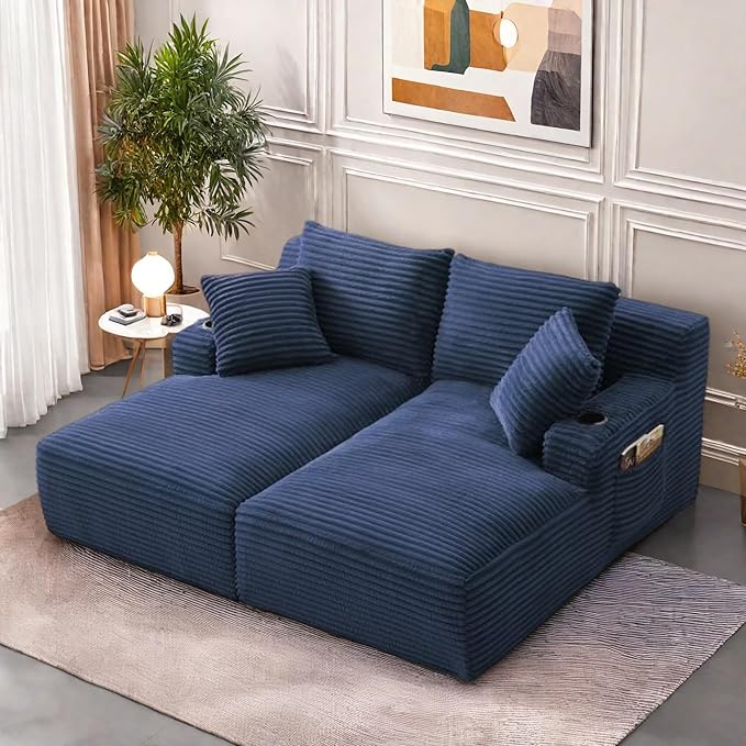 Oversized Sectional Double Chaise Lounge, Compressed Boneless Lounge Chaise with Cupholders, Boneless Sofa with Deep Seat, Fluffy Modern Sleeper Loveseat for Indoor Living Room, Blue