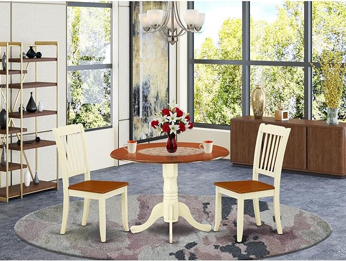 East West Furniture DLDA3-BMK-W 3 Piece Dining Room Furniture Set Contains a Round Dining Table with Dropleaf and 2 Wood Seat Chairs, 42x42 Inch, Buttermilk & Cherry