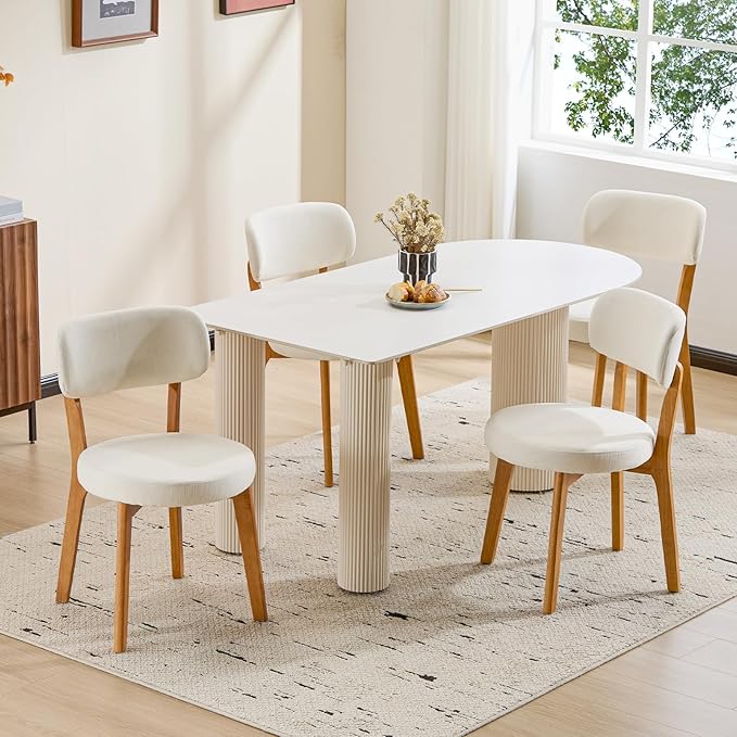 Furniliving Wooden Dining Chairs Set of 6, Mid-Century Modern Linen Upholstered Kitchen Chair with Solid Oak Wood, Farmhouse Dining Room Chairs, Beige