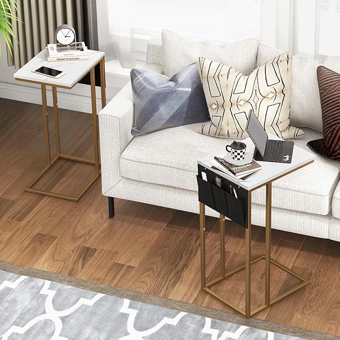 C Shaped End Table for Couch, Small Couch Side Table for Sofa, C Side Table with Storage Bag, TV Tray Table for Living Room, Bedside Table for Bedroom, Snack End Table for Couch, White