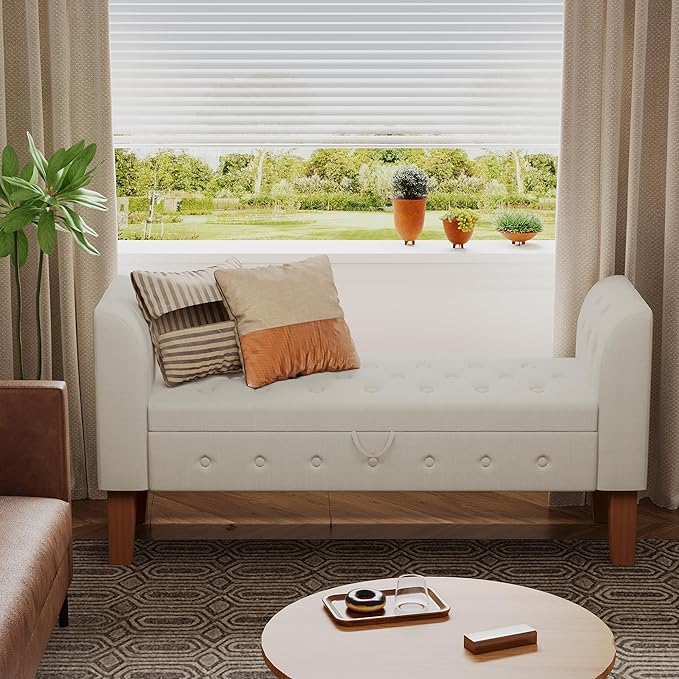 Awonde Storage Bench for Bedroom End of Bed Button Tufted Upholstered Bench Storage Ottoman Bench with Arms 52" Settee Bench Ivory Linen